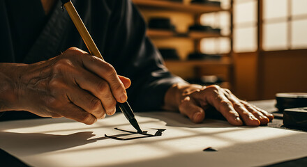 Japanese calligraphy art serene moment ink brushstrokes flow effortlessly on paper capturing ancient wisdom
