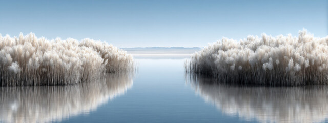 close-up digital art focusing on the texture and detail of dry reeds and the immediate reflection on the water's surface,