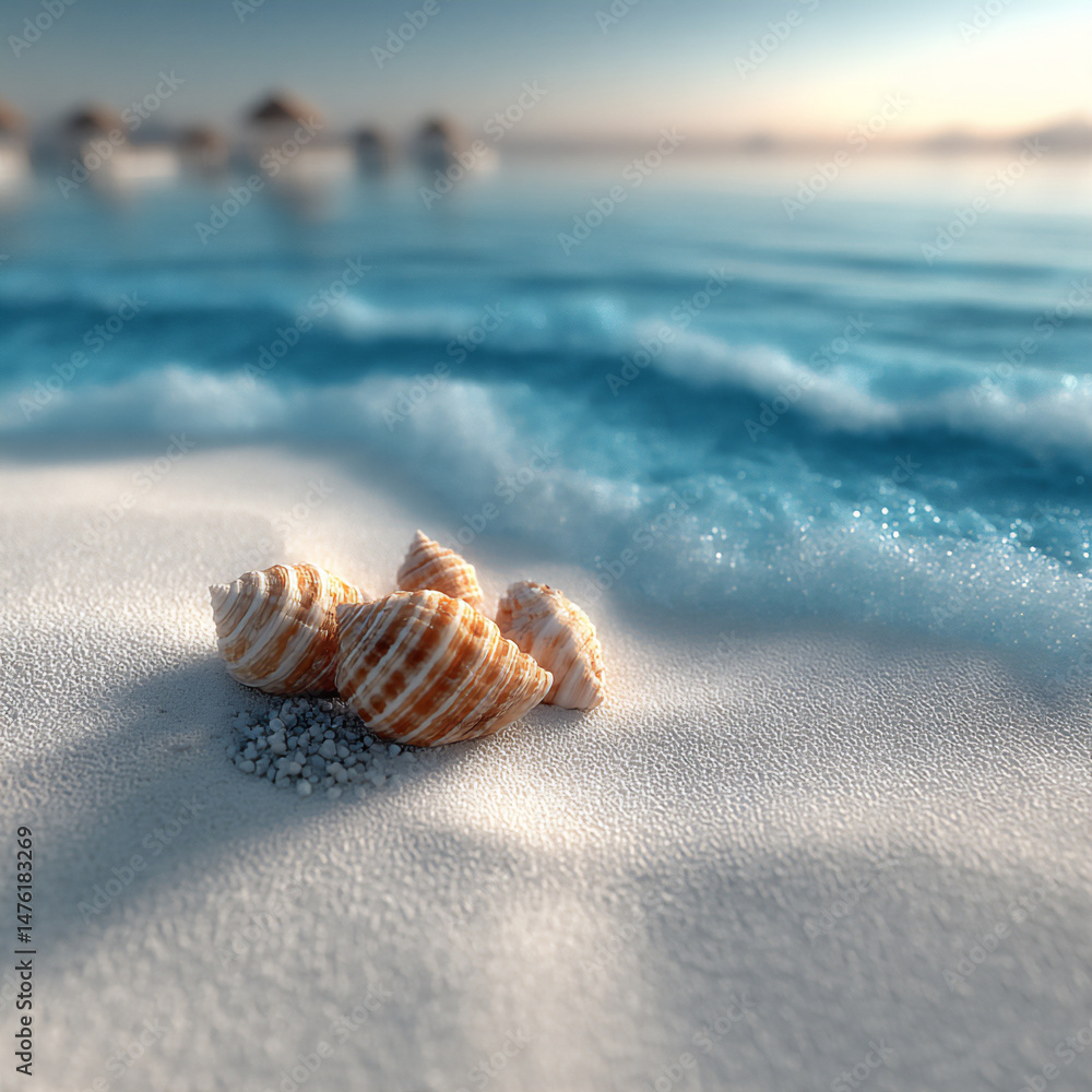 Poster close-up 3d rendering of the texture of white sand on a tropical beach with scattered seashells and 