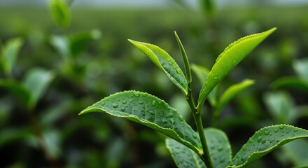 Obraz premium Tea Leaf Fresh Growth with Water Drops