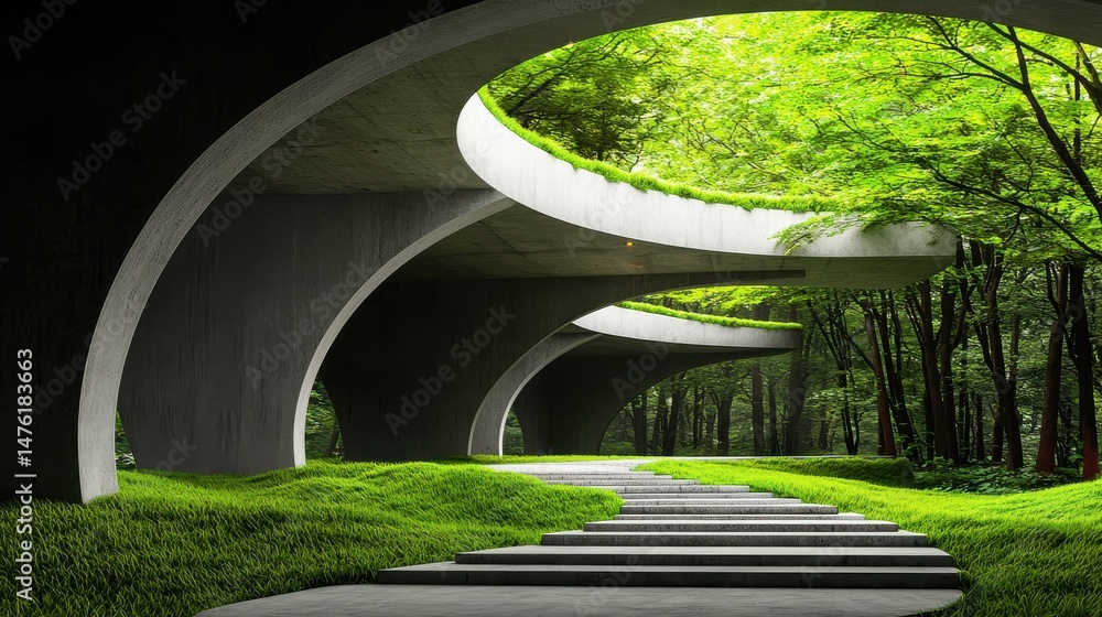 Poster a modern minimalist architectural structure surrounded by a lush green forest creating a serene and 