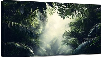 Naklejka premium Lush jungle foliage creates a misty, green tunnel.