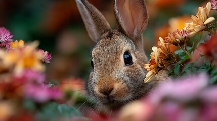 Rabbit peeking through colorful flowers