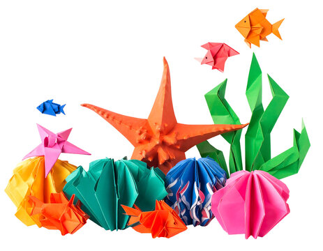 Colorful Origami Sea Life on Transparent Background