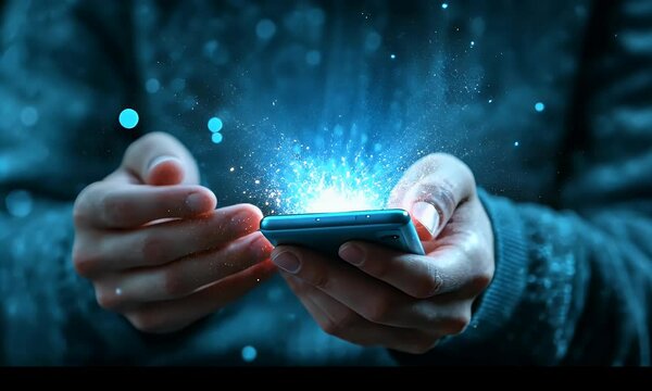 Hands holding a phone with magical energy emanating from it