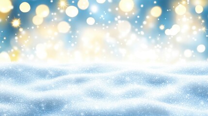 Festive winter scene with sparkling snow and lights.