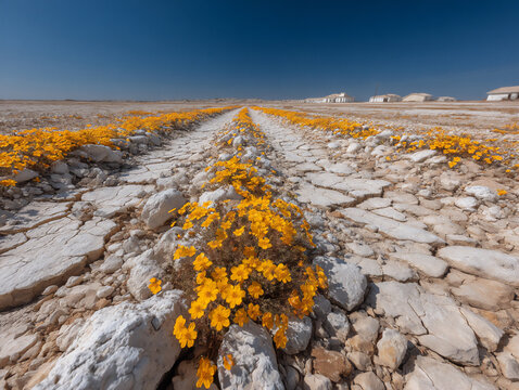 bright outdoor photograph of delicate yellow bladderpod flowers growing among rough, cracked earth and scattered pebbles in a dry desert environment,