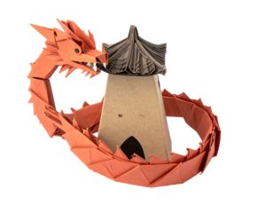 Red Origami Dragon Encircling Tan Pagoda on Transparent Background