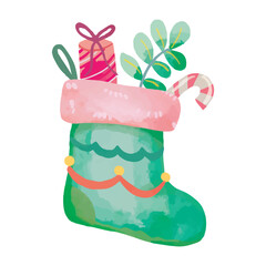 Christmas stocking filled with gifts and candy cane in watercolor design with isolated background