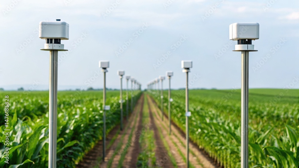 Poster sensors mounted on poles monitor a large, green agricultural field with rows of crops under a clear 