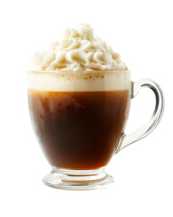 Serving of Dark Coffee with White Cream in Clear Glass Mug
