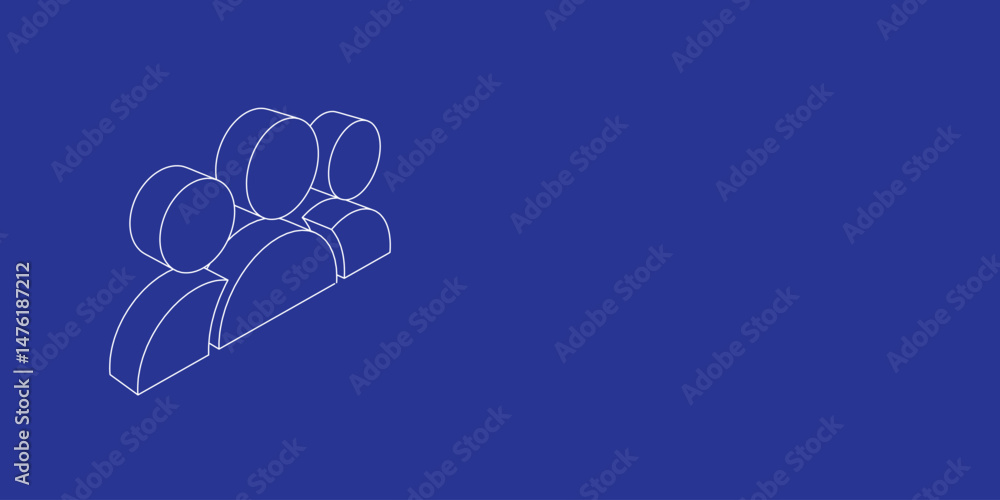 Poster the outline of a large people symbol made of white lines on the left. 3d view of the object in persp
