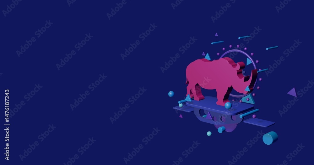 Poster pink rhino symbol on a pedestal of abstract geometric shapes floating in the air. abstract concept a