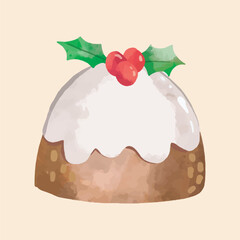 Watercolor Illustration of a Christmas Pudding with Holly Berries in watercolor design and isolated background
