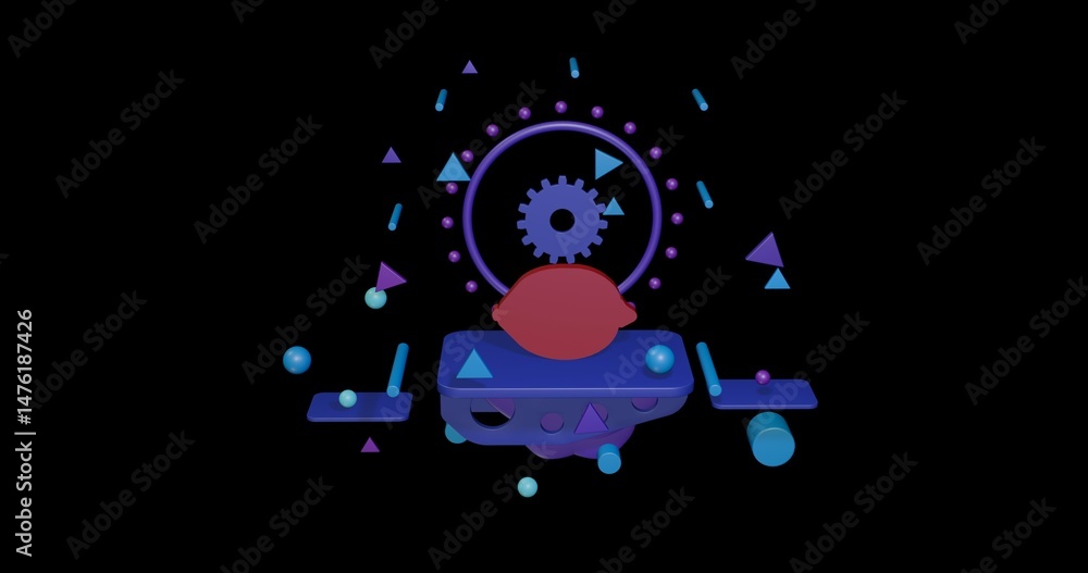 Poster red lemon symbol on a pedestal of abstract geometric shapes floating in the air. abstract concept ar