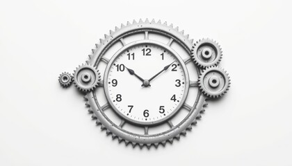 Stylish mechanical clock with gear design and white face.