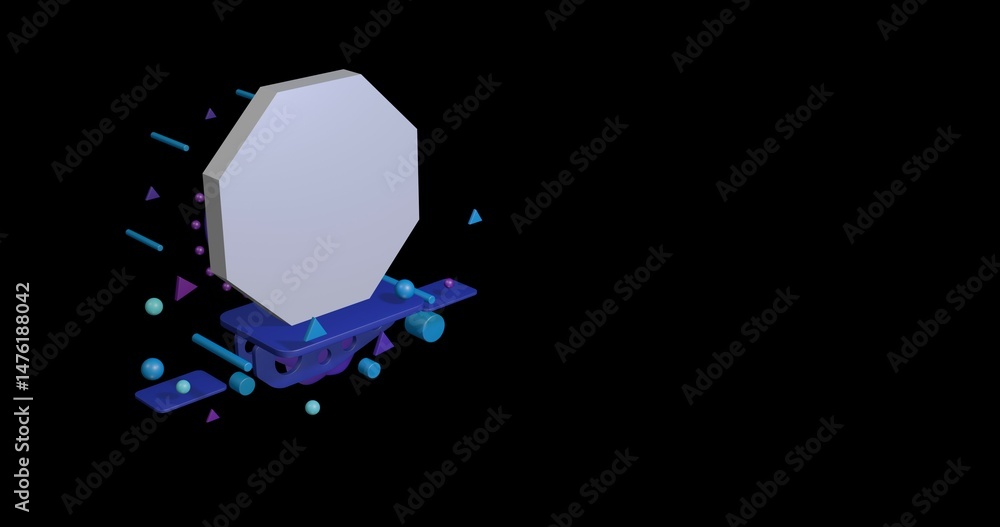 Poster white octagon symbol on a pedestal of abstract geometric shapes floating in the air. abstract concep