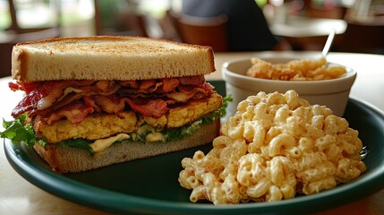 A close-up view of a plate featuring a freshly made sandwich with toasted bread, layers of crispy bacon, fresh lettuce, and tomato, held together by two wooden picks.