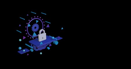 White padlock symbol on a pedestal of abstract geometric shapes floating in the air. Abstract concept art with flying shapes on the left. 3d illustration on black background