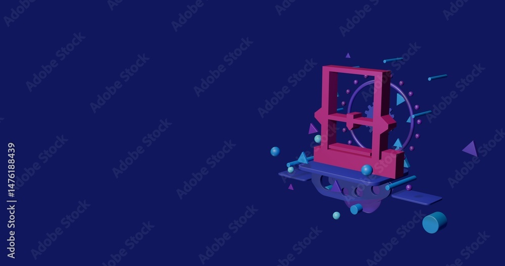 Poster pink 3d printer symbol on a pedestal of abstract geometric shapes floating in the air. abstract conc
