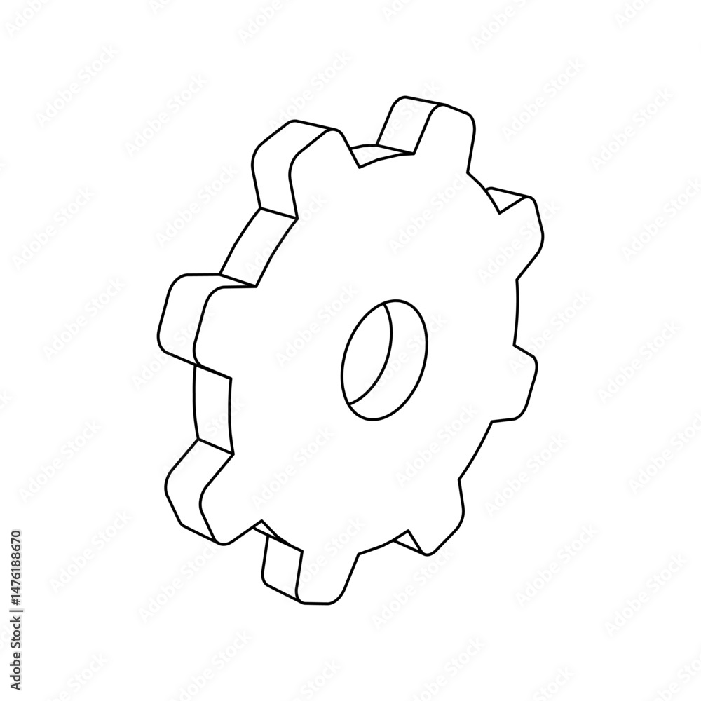 Poster the outline of a large gear symbol is made with black lines. 3d view of the object in perspective. v