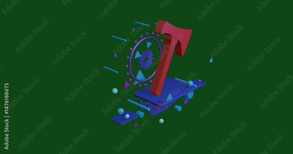 Poster red axe symbol on a pedestal of abstract geometric shapes floating in the air. abstract concept art 