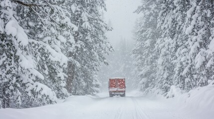 An RV and a red car are traveling on a snow-covered road surrounded by tall, snow-laden evergreen trees.