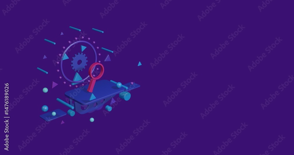 Poster pink magnifier symbol on a pedestal of abstract geometric shapes floating in the air. abstract conce