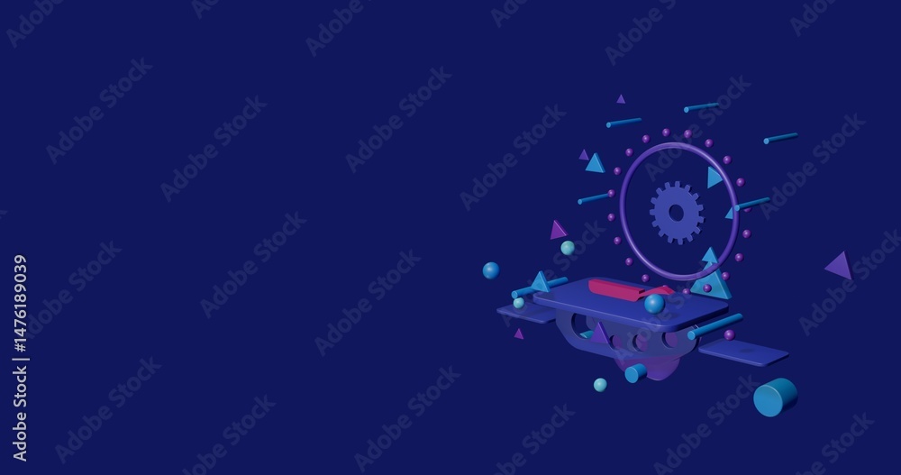 Poster pink pan symbol on a pedestal of abstract geometric shapes floating in the air. abstract concept art