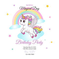 Birthday party invitation. Template. Cute unicorn on a rainbow background. Vector illustration