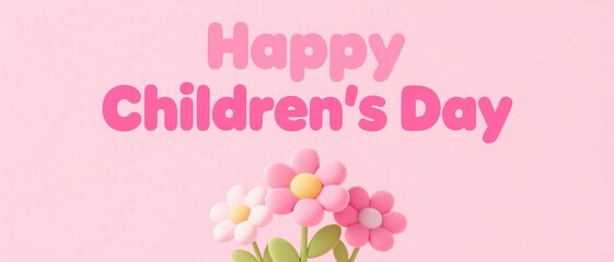 Fototapeta premium Happy Children's Day text with colorful confetti, triangular flags, and ribbons, creating a festive and joyful atmosphere, designed in ultra HD 8K resolution