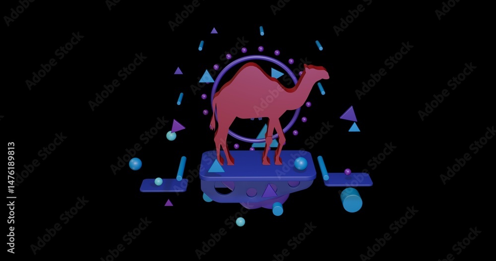 Poster red camel symbol on a pedestal of abstract geometric shapes floating in the air. abstract concept ar