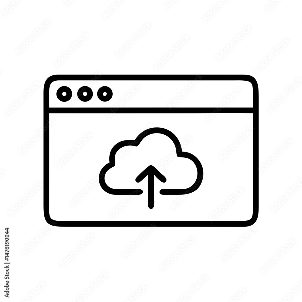 Poster cloud upload icon in browser window – data transfer outline vector symbol