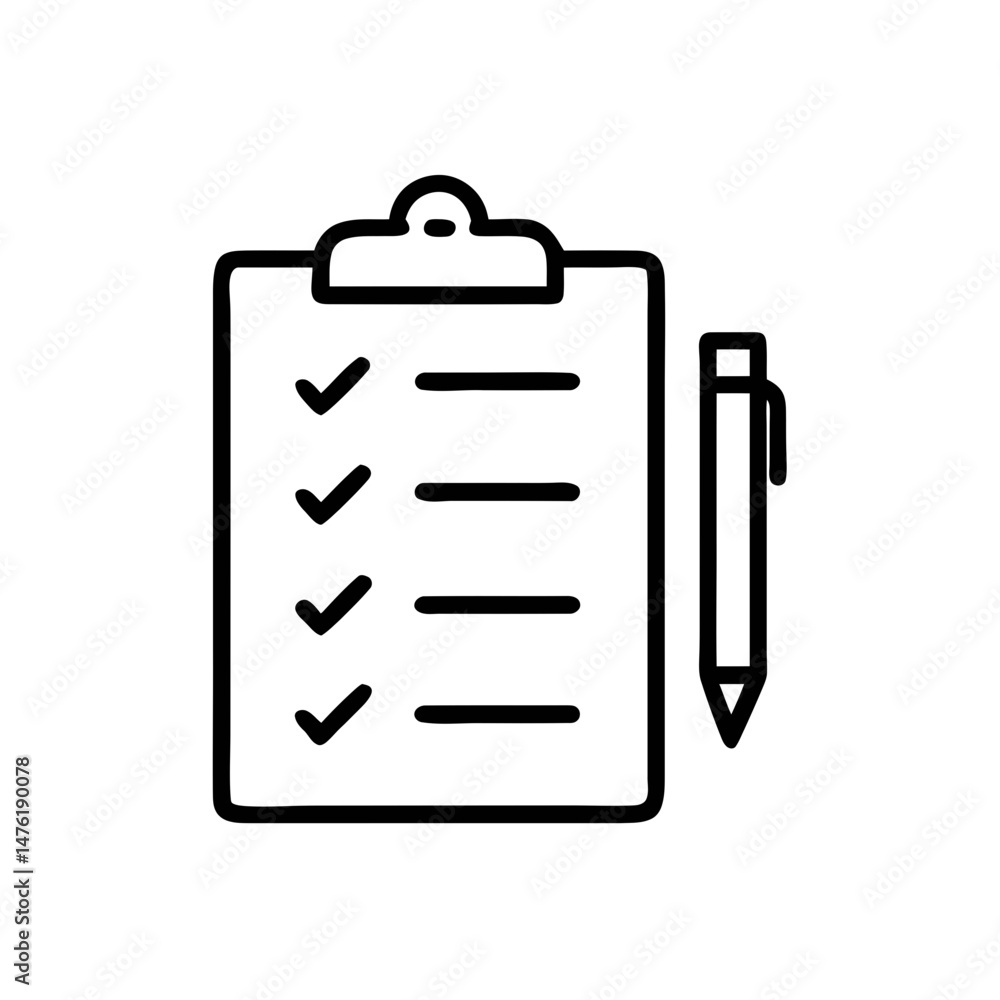 Poster check list icon with clipboard and pen – task management outline vector illustration