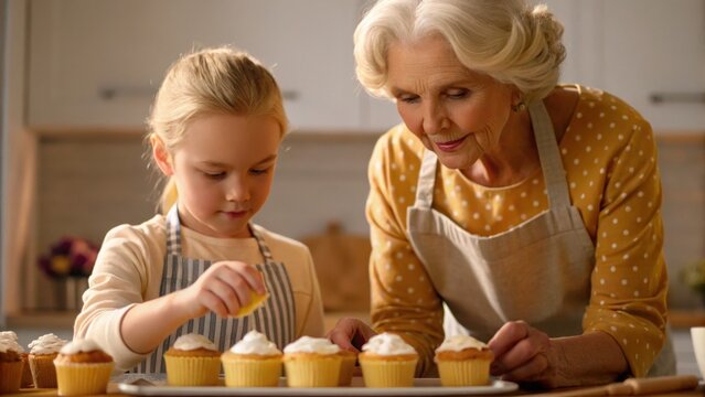 A girl and her grandmother decorate cupcakes together in a cozy kitchen, sharing a joyful moment of baking and creativity.