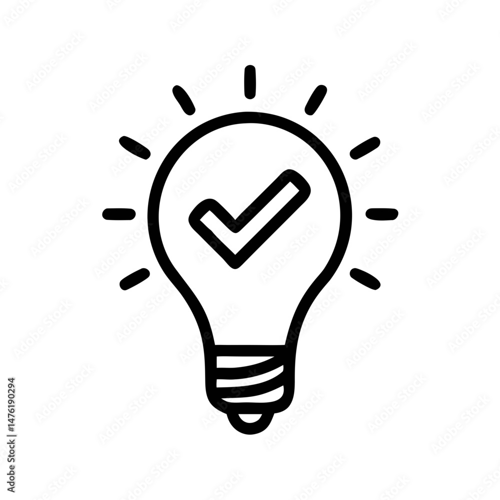 Poster light bulb with checkmark icon – minimal line symbol for approved idea or innovation