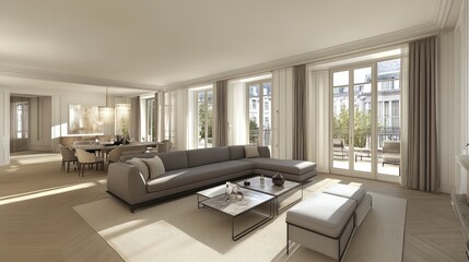 Fototapeta premium Spacious modern living room design, showcasing light and airy interior.