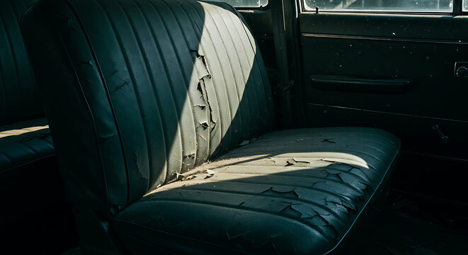 Fototapeta Vintage car seat sunlit beauty aged leather nostalgic ride elegance