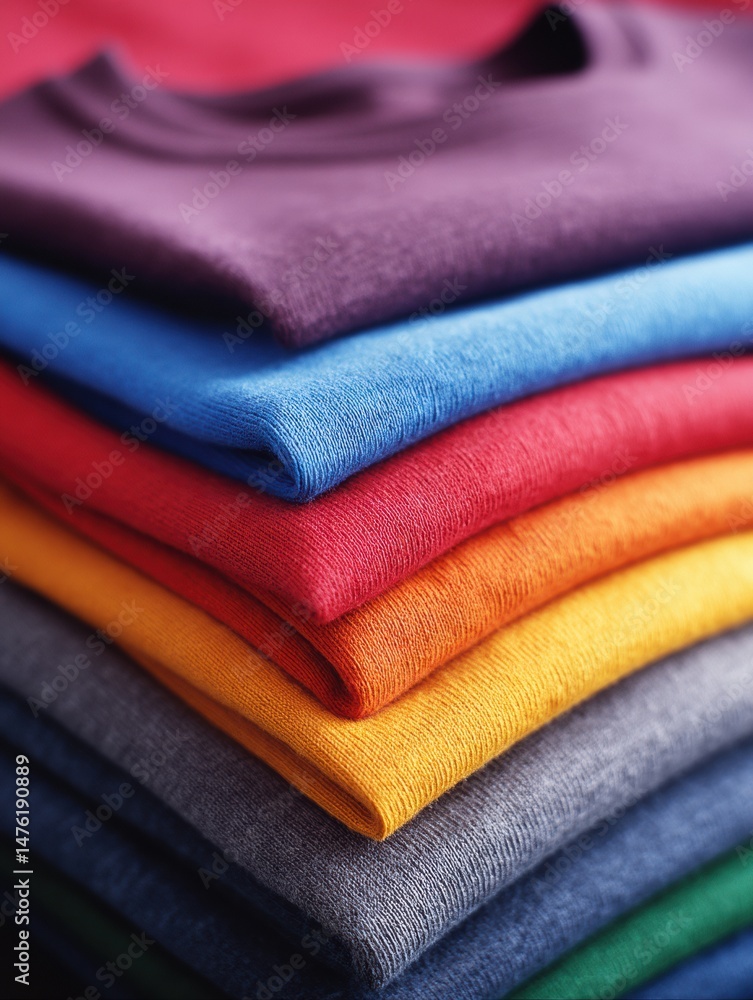 Poster folded sweat-resistant t-shirts in vibrant colors stacked for display in a retail setting