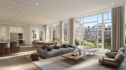 Spacious, modern apartment interior with garden view.