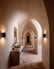 Fototapeta premium Serene, arched hallway with terracotta brick flooring
