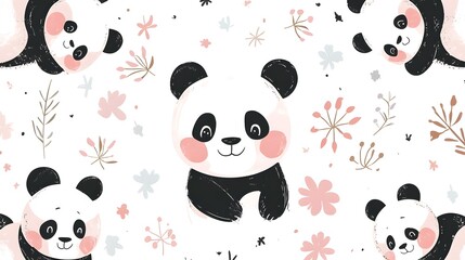 Cute panda pattern with floral accents on a white background.
