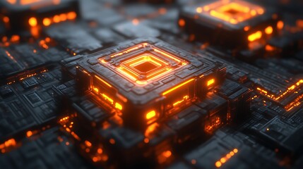 Glowing futuristic computer processors displaying digital and electrical technologies concepts