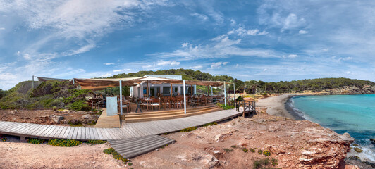 Cala Nova beach is located in Santa Eulalia del Rio, in the eastern part of the island of Ibiza, in the Autonomous Community of the Balearic Islands, Spain.