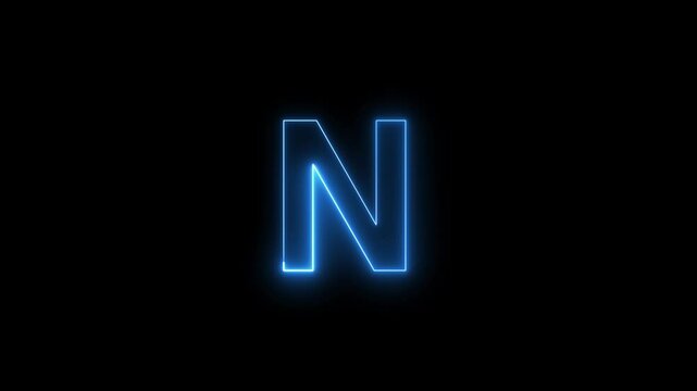 Glowing letter N uppercase font neon light animation, Animated neon alphabet symbol N on black background, Letter N Neon Futuristic Effect, Trendy Glow Lighting, 4K Video Animation
