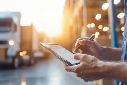Warehouse manager using tablet and stylus pen managing logistics operations