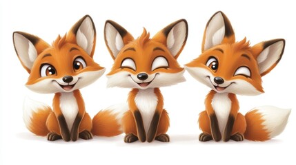 Fototapeta premium Three adorable cartoon foxes sitting together, smiling.