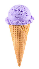 violet ice cream scoops in a waffle cone isolated on transparent background, png