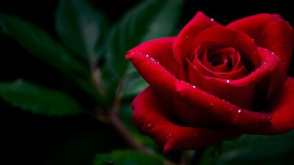 Close-Up of Fresh Red Rose with Water Droplets, Vibrant Petals and Leaves, Dramatic Dark Surface Background