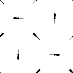 Seamless pattern of repeated black a screwdriver symbols. Elements are evenly spaced and some are rotated. Illustration on transparent background